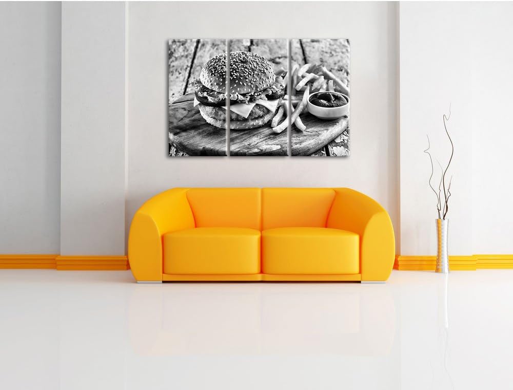 Pixxprint Chickenburger Pommes als Leinwandbild/Grösse: 3 Teilig (120x80 cm) cm/Wandbild/Kunstdruck/