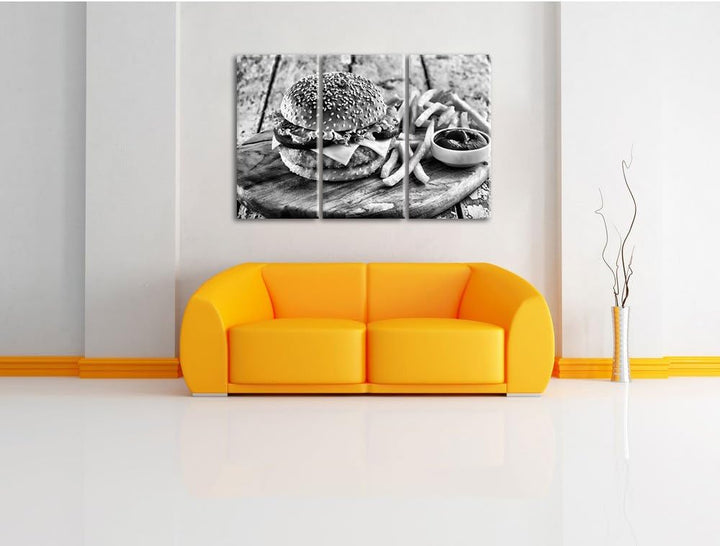 Pixxprint Chickenburger Pommes als Leinwandbild/Grösse: 3 Teilig (120x80 cm) cm/Wandbild/Kunstdruck/