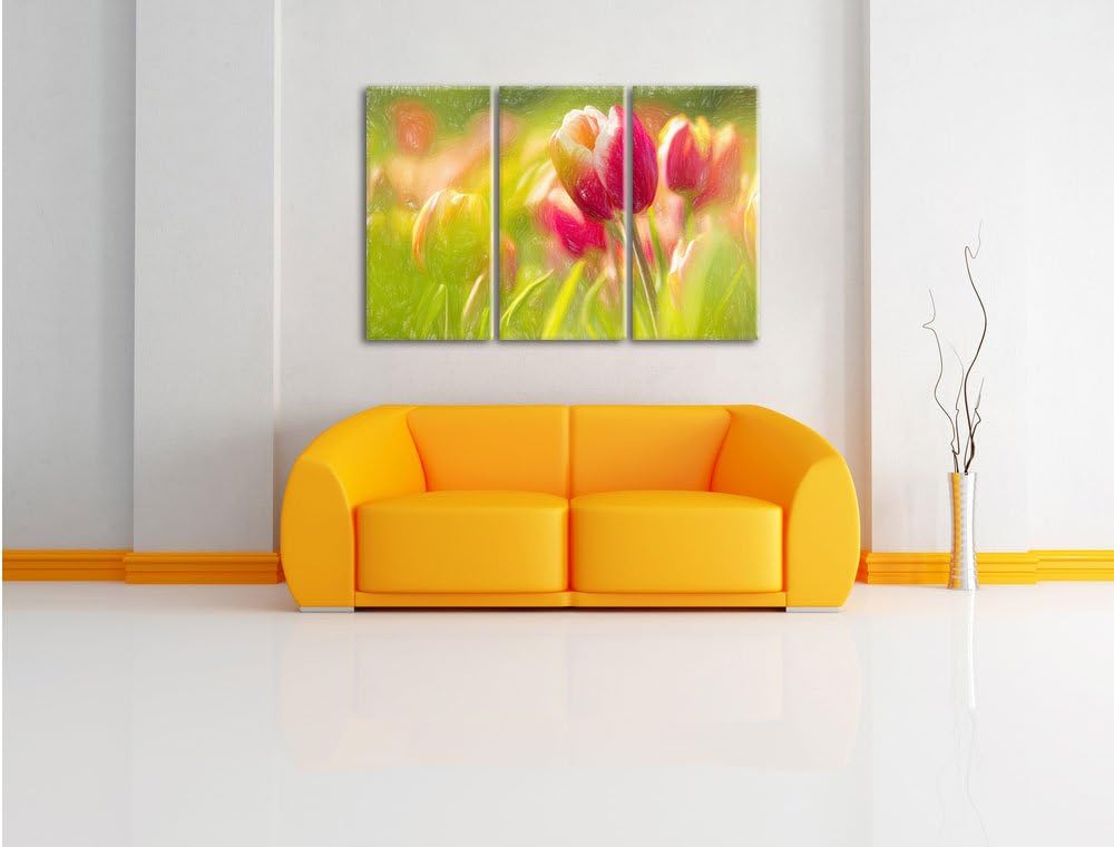 Pixxprint Blühende rote Tulpen Kunst Buntstift Effekt 3-Teiler Leinwandbild 120x80 Bild auf Leinwand