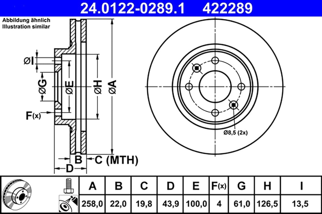 ATE Original Bremsscheibe - 2 Bremsscheiben - 24.0122-0289.1 - ECE-R90 Strassenzulassung
