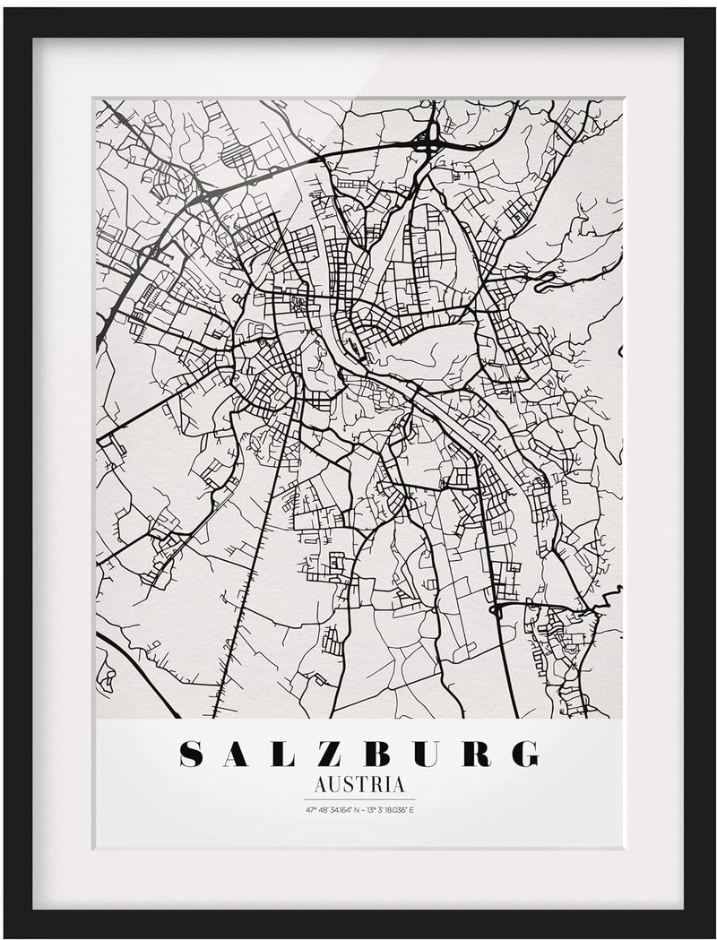 Bild mit Rahmen - Stadtplan Salzburg - Klassik - Rahmenfarbe Schwarz, 55 x 40 cm 55cm x 40cm Schwarz