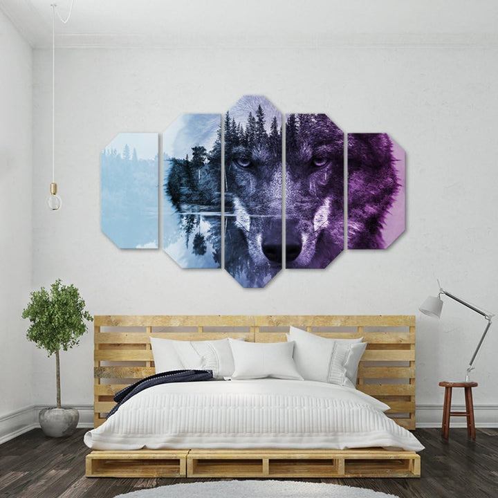 Wandbild XXL 5 tlg Natur Deko Kunst Bild Wolf Violett 200x100 cm Deko Paneel 200x100 cm Violett_A, D