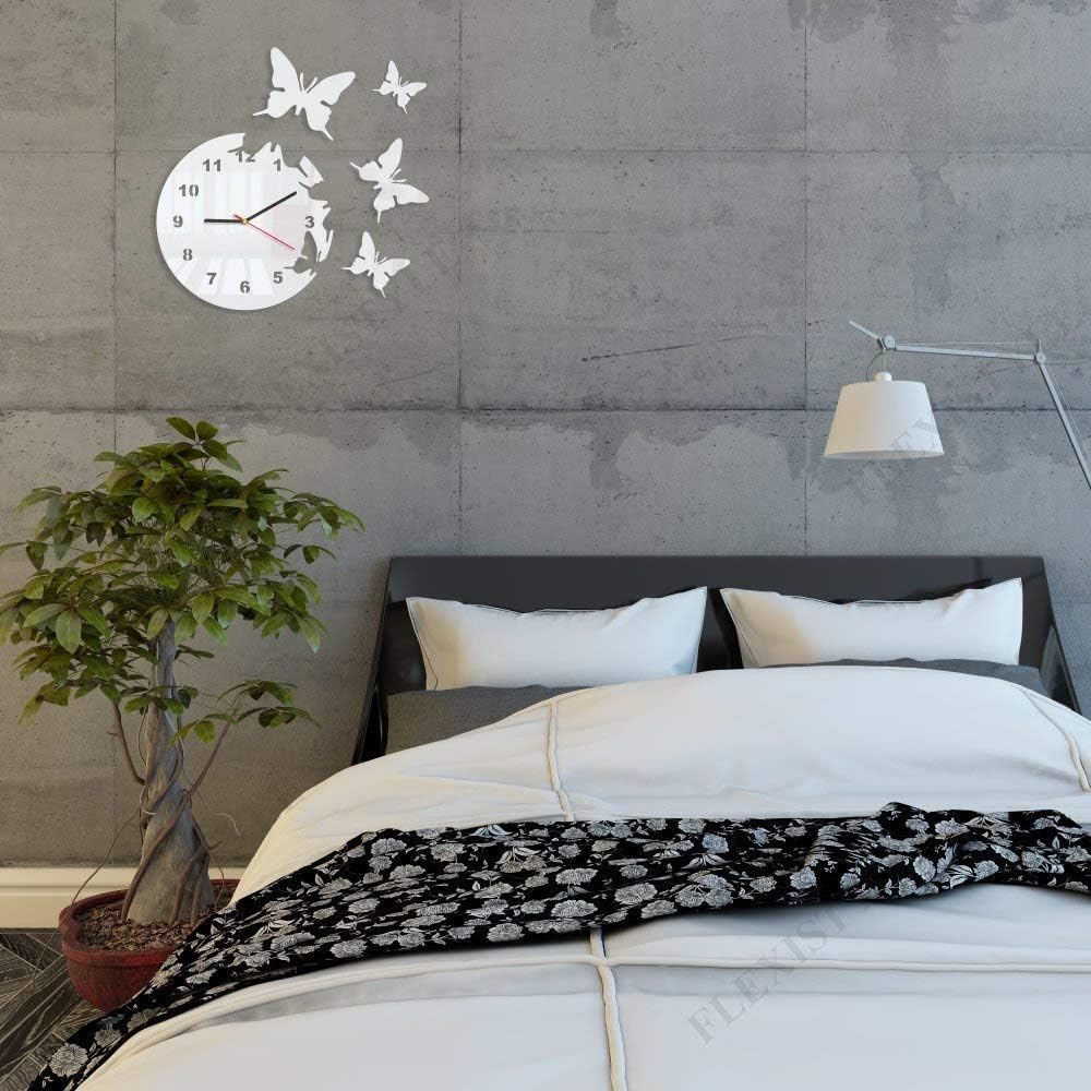 Grosse moderne Wanduhr Schmetterling Weiss rund 30cm, 3d DIY, Wohnzimmer, Schlafzimmer, Kinderzimmer