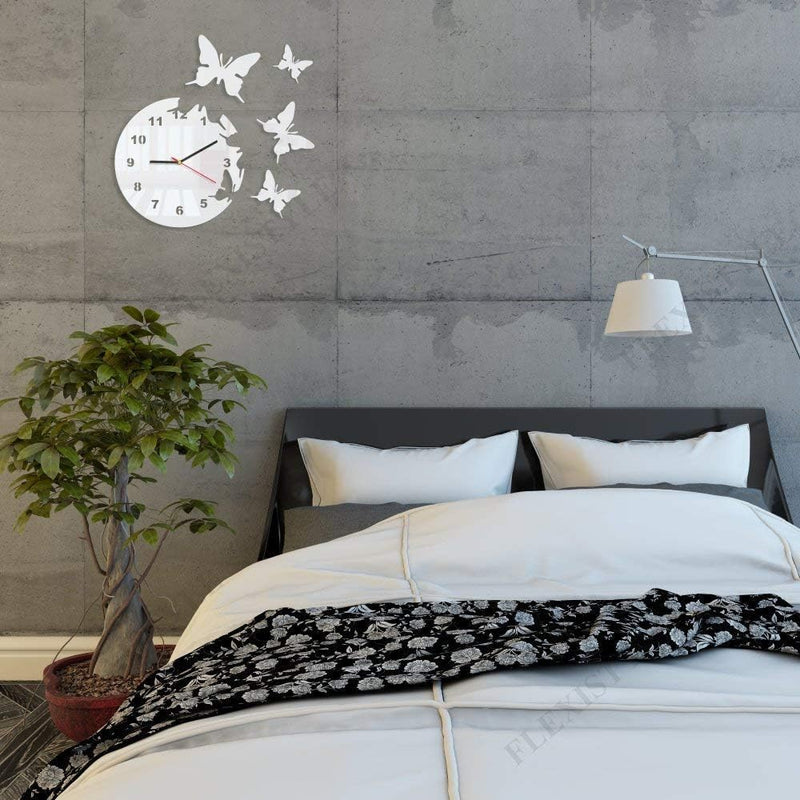 Grosse moderne Wanduhr Schmetterling Weiss rund 30cm, 3d DIY, Wohnzimmer, Schlafzimmer, Kinderzimmer