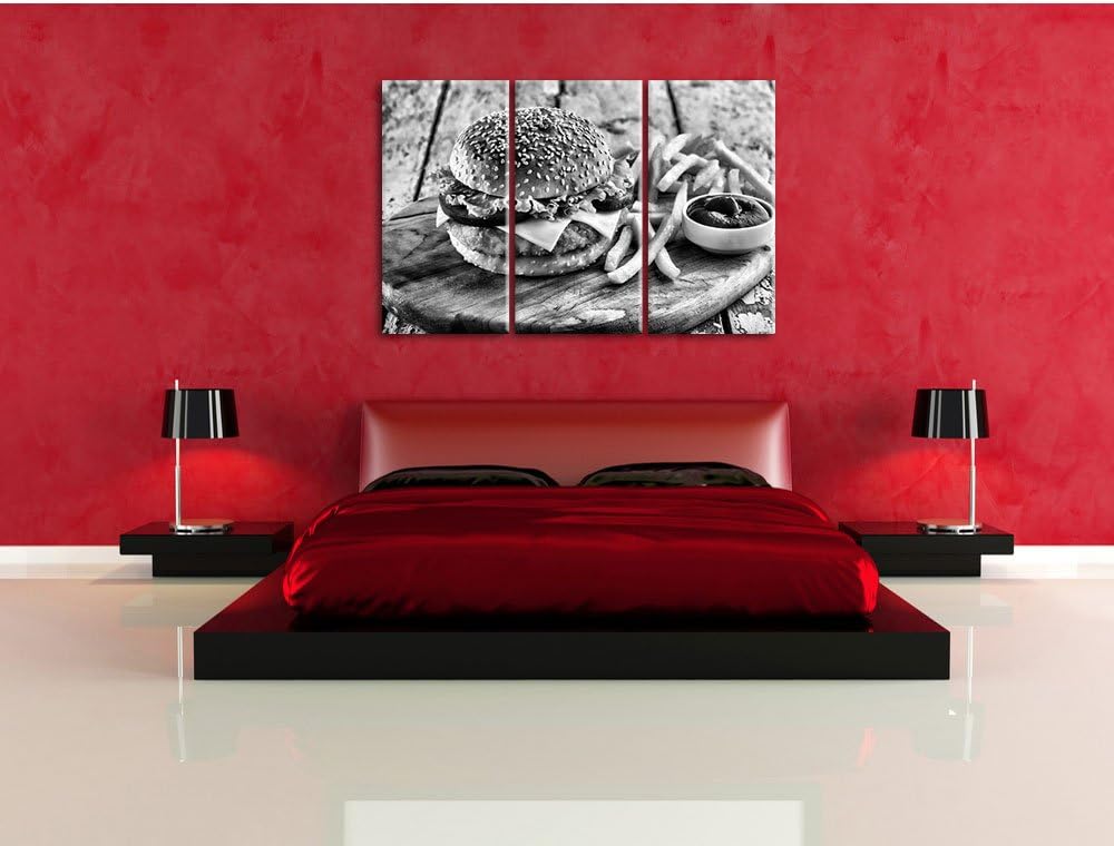 Pixxprint Chickenburger Pommes als Leinwandbild/Grösse: 3 Teilig (120x80 cm) cm/Wandbild/Kunstdruck/