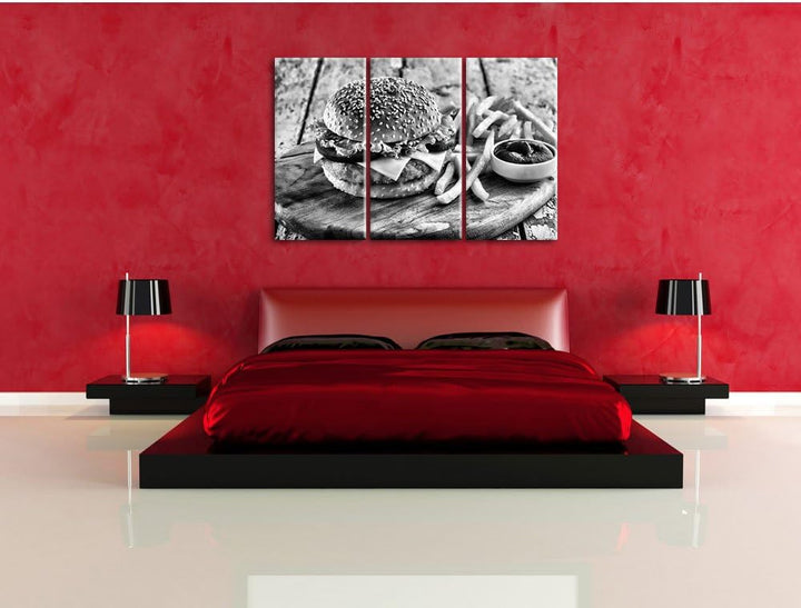 Pixxprint Chickenburger Pommes als Leinwandbild/Grösse: 3 Teilig (120x80 cm) cm/Wandbild/Kunstdruck/