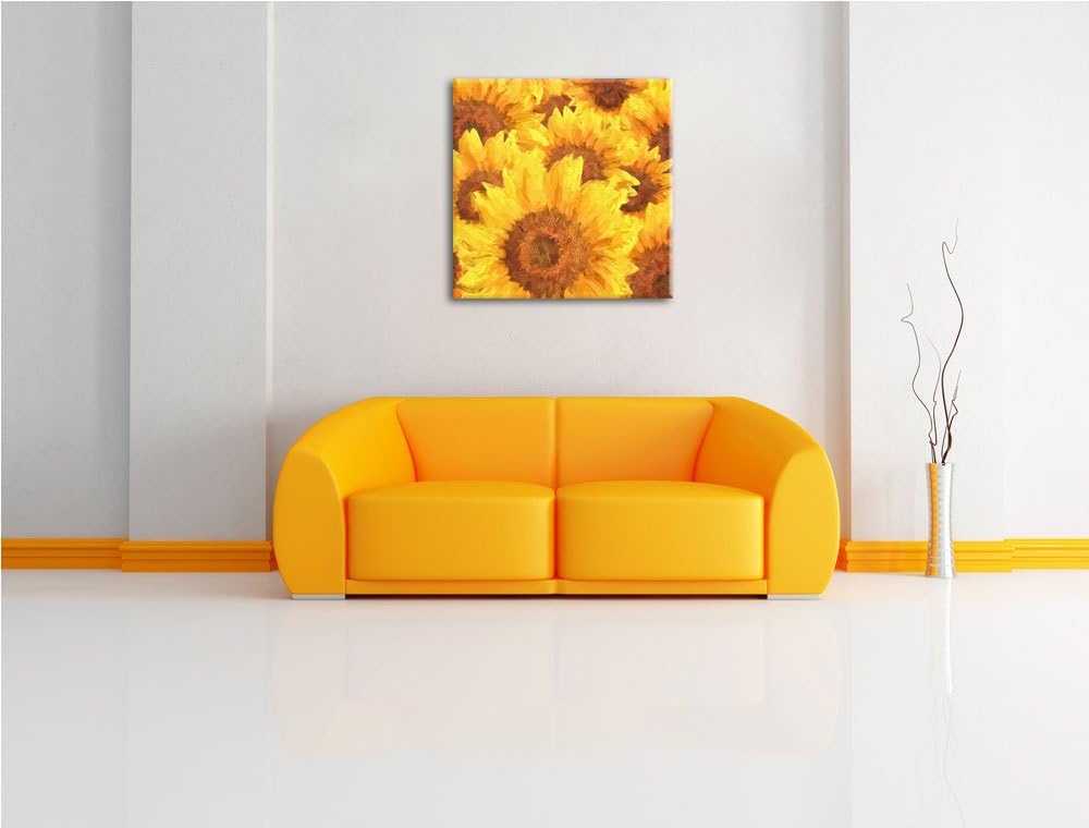 Pixxprint Grosse gelb leuchtende Sonnenblumen als Leinwandbild Quadratisch/Grösse: 70x70 / Wandbild/