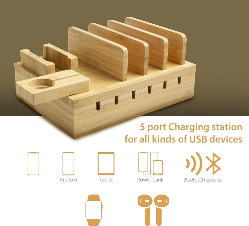 TechDot Handy USB Ladestation Bambus Ladestation Mehrere Geräte 5 Port USB Multi Ladestation Bamboo