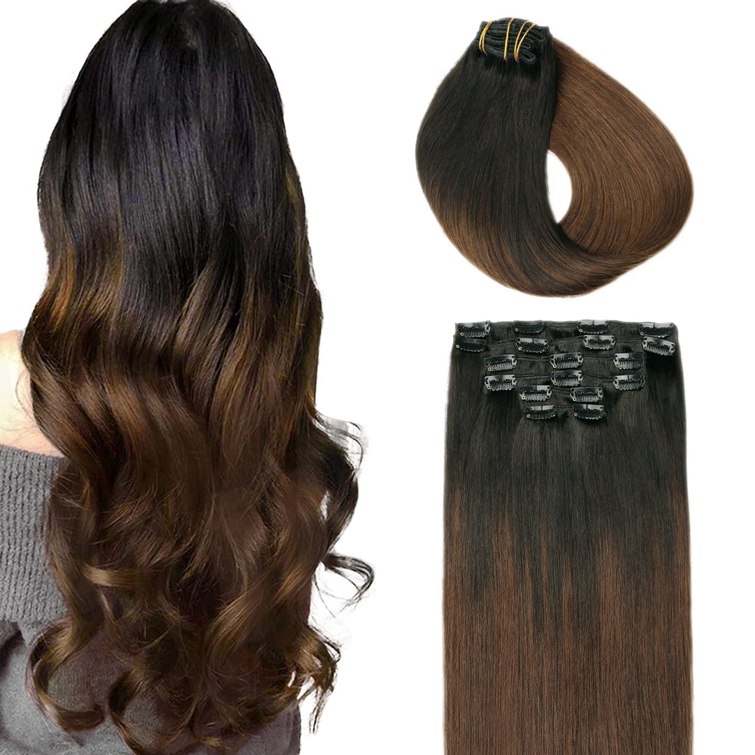 SURNEL clip in extensions echthaar Seide gerade Farbe 1B aus schwarz verblassen zu 4 mittleren braun