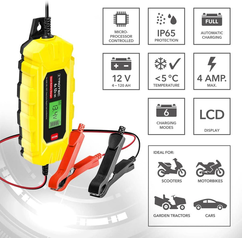 TROTEC Batterieladegerät PBCS 4A | Universal-Ladegerät, 12V-Auto-, Motorradbatterien, fahrbare Rasen