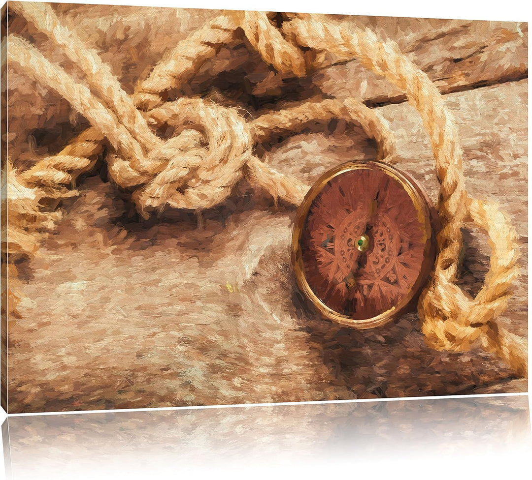 Pixxprint Schiffseil und Kompass auf Holzuntergrund Kunst Pinsel Effekt, Format: 100x70 auf Leinwand