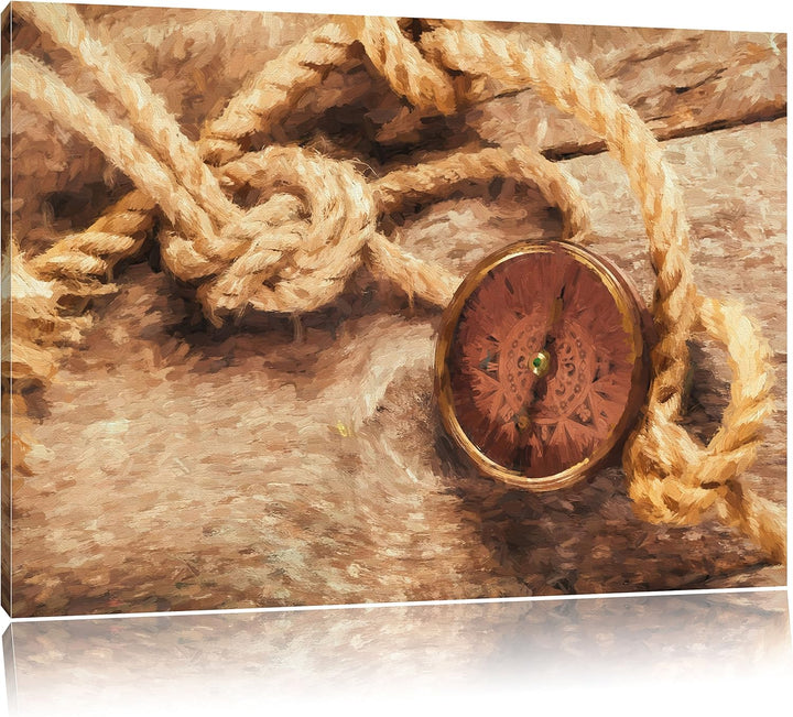 Pixxprint Schiffseil und Kompass auf Holzuntergrund Kunst Pinsel Effekt, Format: 100x70 auf Leinwand