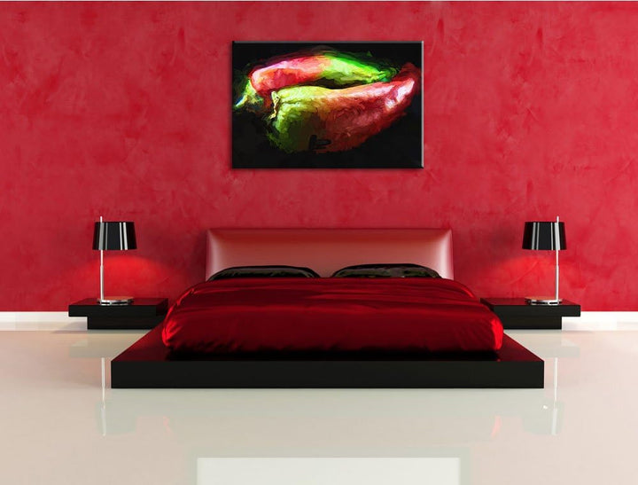 Dark zwei Chilischoten Deluxe Format: 100x70 cm auf Leinwand, XXL riesige Bilder fertig gerahmt mit