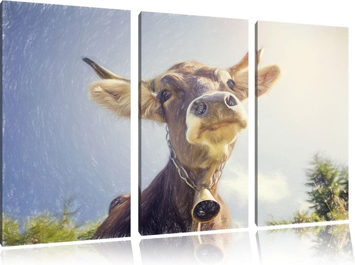 Pixxprint Lustiges Portrait Einer Kuh als Leinwandbild | Grösse: 3 Teilig (120x80) | Wandbild| Kunst