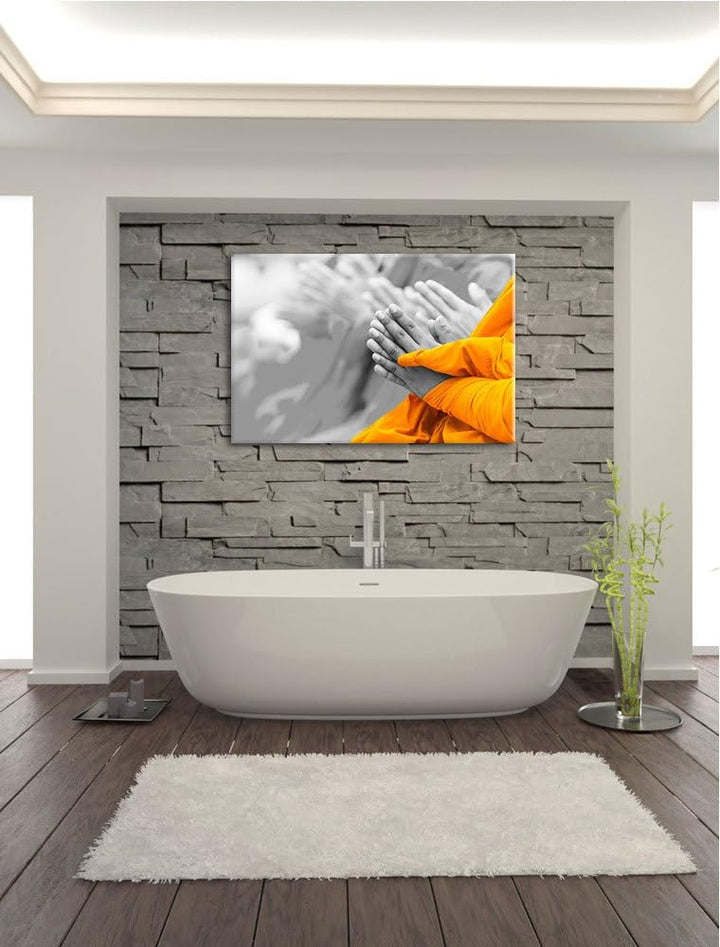 betende Mönche in Tibet schwarz/weiss Format: 100x70 auf Leinwand, XXL riesige Bilder fertig gerahmt