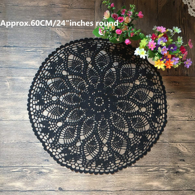 MINDPLUS Baumwolle Hand Häkeln Deckchen Spitze Gehäkelt Tischdecke Deckchen Tischset 60 cm Rund Schw