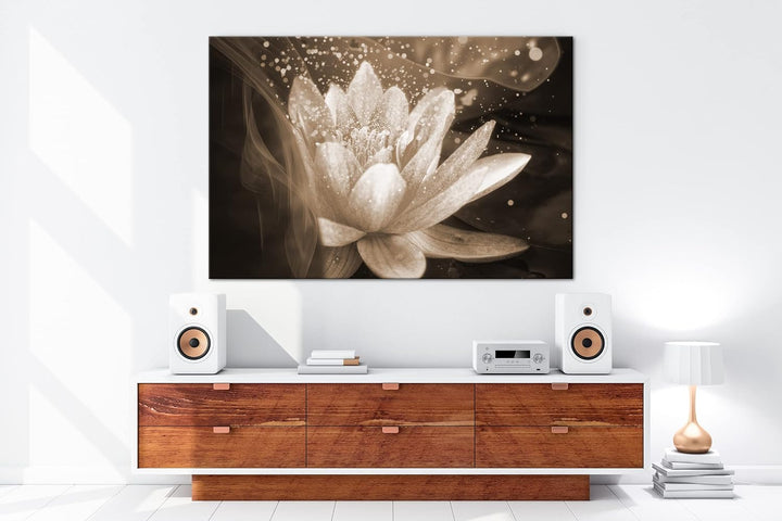 Lotus Seerose Format: 80x60 Effekt: Sepia als Leinwandbild, Motiv fertig gerahmt auf Echtholzrahmen,