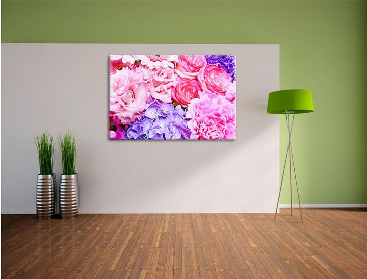Pixxprint prachtvoller Blumenstrauss / 100x70cm Leinwandbild bespannt auf Holzrahmen/Wandbild Kunstd