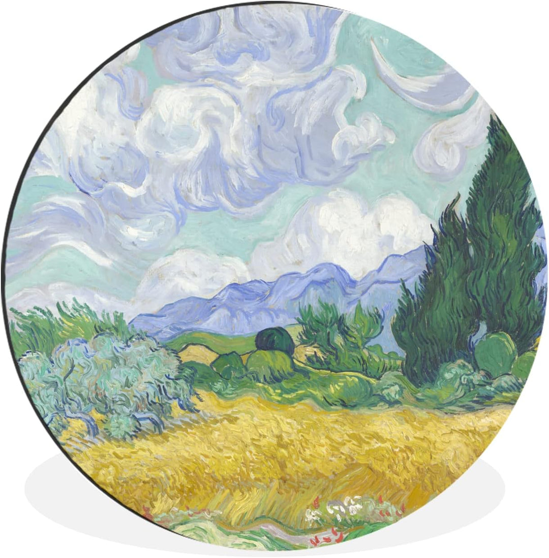 MuchoWow Wandbild Rund Wanddeko Deko Wohnzimmer Bilder 30x30 cm Weizenfeld mit Zypressen - Vincent v