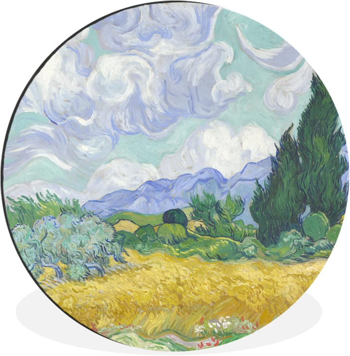 MuchoWow Wandbild Rund Wanddeko Deko Wohnzimmer Bilder 30x30 cm Weizenfeld mit Zypressen - Vincent v