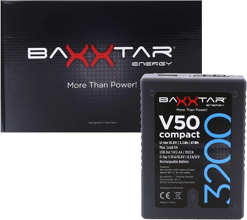 Baxxtar 47Wh V-Mount Akku V50 compact III - LG Cells Inside (echte 3200mAh) - mit D-Tap und Powerban