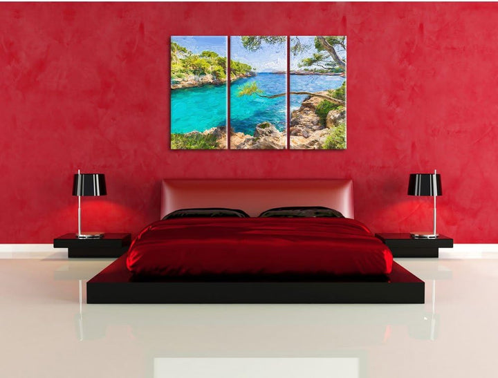 Pixxprint Idyllische Ansicht des Mittelmeers am Mallorca Bay Cove Kunst Pinsel Effekt 3-Teiler Leinw