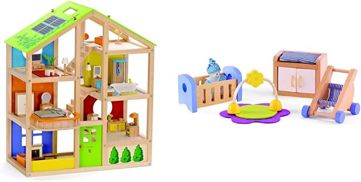 Hape E3401 - Vier-Jahreszeiten Haus (möbliert), Puppenhaus mit Zubehör, aus Holz & E3459 - Babyzimme
