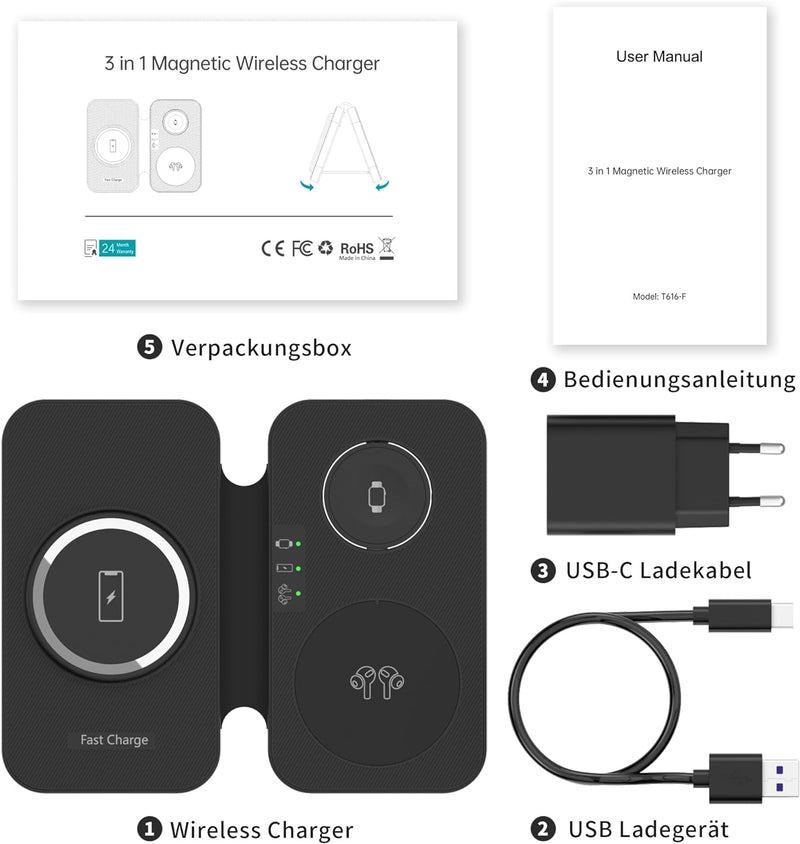 3 in 1 Mag-Safe Kabelloses Ladegerät, 15W Faltbar Induktive Ladestation Für iPhone 15/14/13/12 Serie