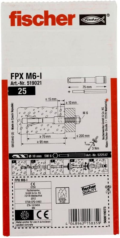 fischer Porenbetonanker FPX M6 I, verzinkte Stahlanker (25 Stk.) zur Befestigung von Geländern, Küch