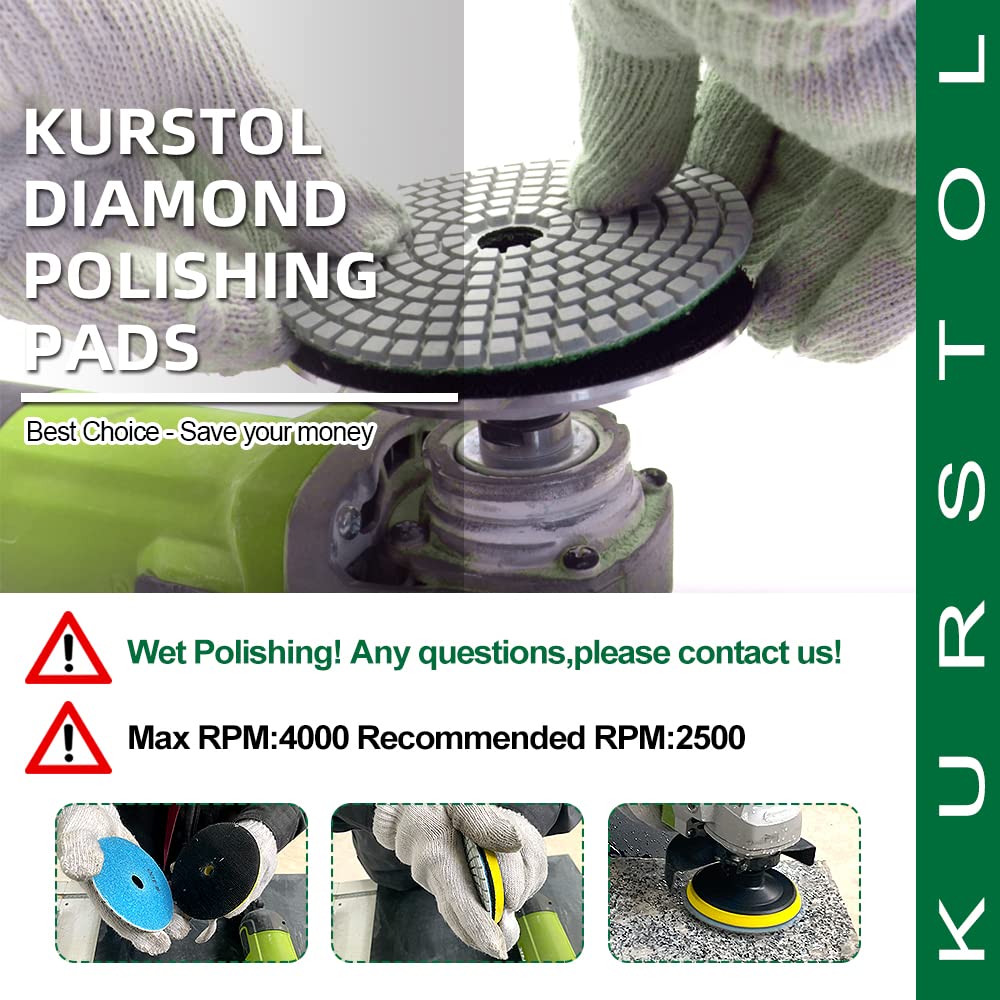 KURSTOL Diamond Polishing Pads Set - 10pcs 4"/100mm Wet Countertop Polishing Pads+1pc Backer Pad of