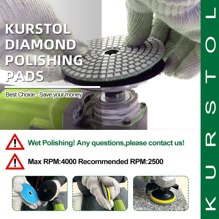 KURSTOL Diamond Polishing Pads Set - 10pcs 4"/100mm Wet Countertop Polishing Pads+1pc Backer Pad of