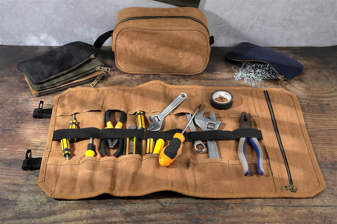 Werkzeugtasche, strapazierfähiges, gewachstes Segeltuch, Werkzeug-Rolltasche, Werkzeug-Organizer, (L