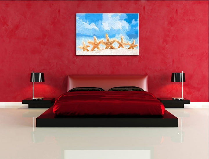 Seesterne am Strand im Gemälde Format: 120x80 auf Leinwand, XXL riesige Bilder fertig gerahmt mit Ke