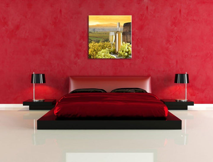 Pixxprint Weinreben mit Weinflasche und Fass, Format: 70x70 auf Leinwand, 70x70