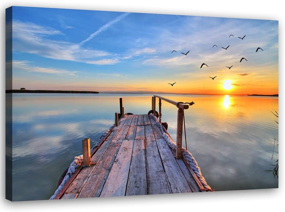 Feeby Vlies Leinwandbild Sonnenuntergang See Strand Holzsteg 90x60 cm Druckbild Wandbild Wanddekorat