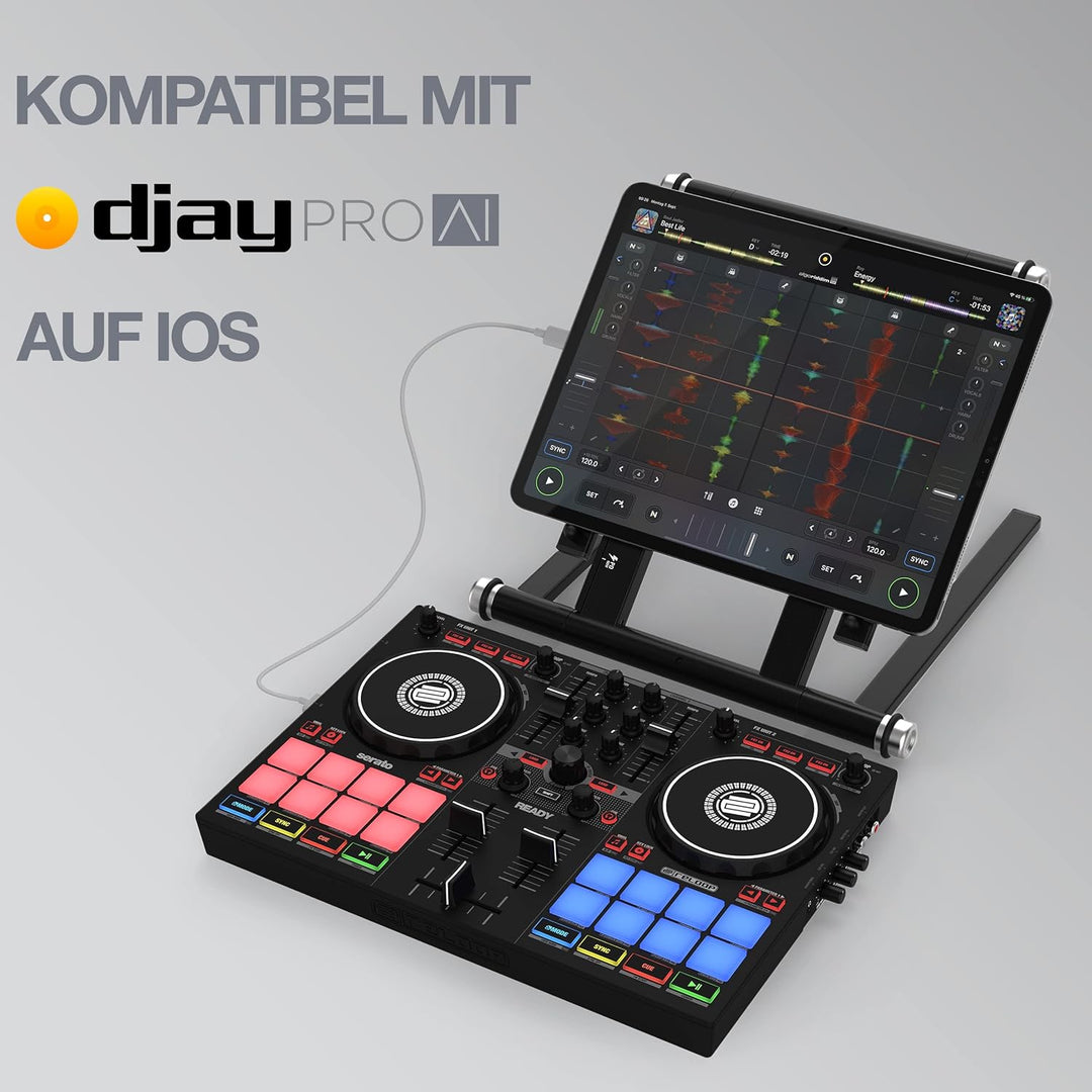 Reloop Ready - Kompakter 2-Deck-DJ-Controller für Serato DJ Lite (inklusive) & DJ Pro,16 grosse RGB-