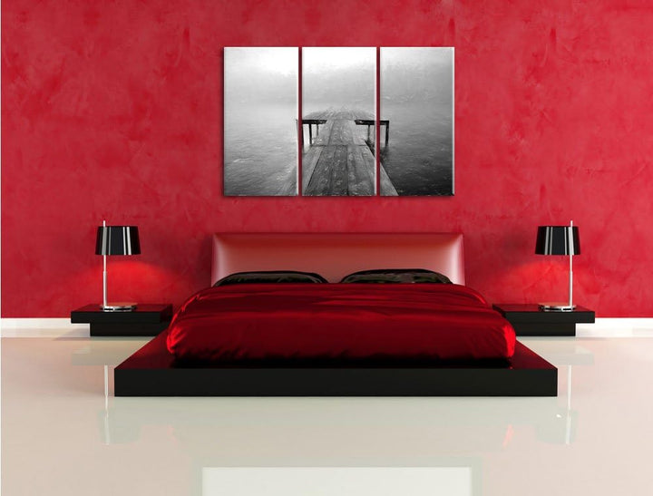 Pixxprint Steg am See im Nebel Kohle Effekt 3-Teiler Leinwandbild 120x80 Bild auf Leinwand