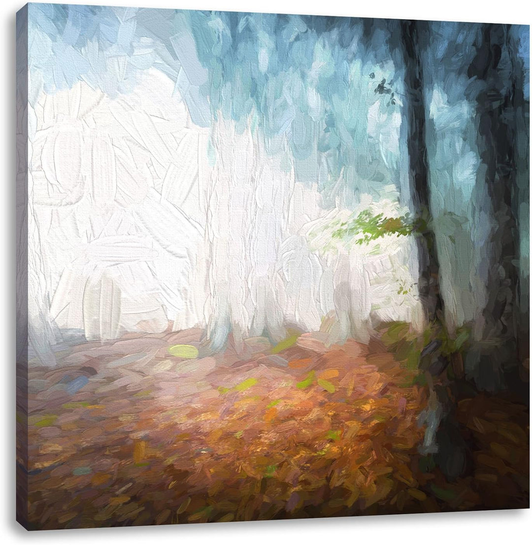 Pixxprint Düsterer Wald im Nebel Pinsel Effekt, Format: 70x70 auf Leinwand, 70x70