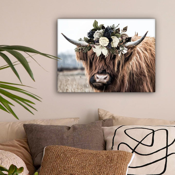 MuchoWow Leinwand Bilder, Einzigartige Wanddeko mit Rahmen, Schottische Highlander - Blumen - Hoorn,