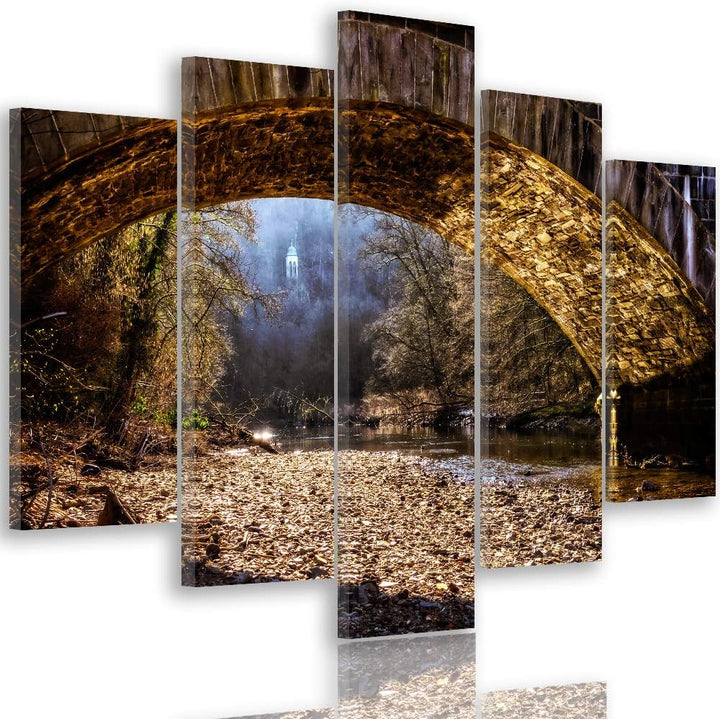 Feeby Wanddeko XXL Landschaft Leinwandbild 5 Teilig Brücke Wasser Natur braun 100x70 cm Leinwandbild