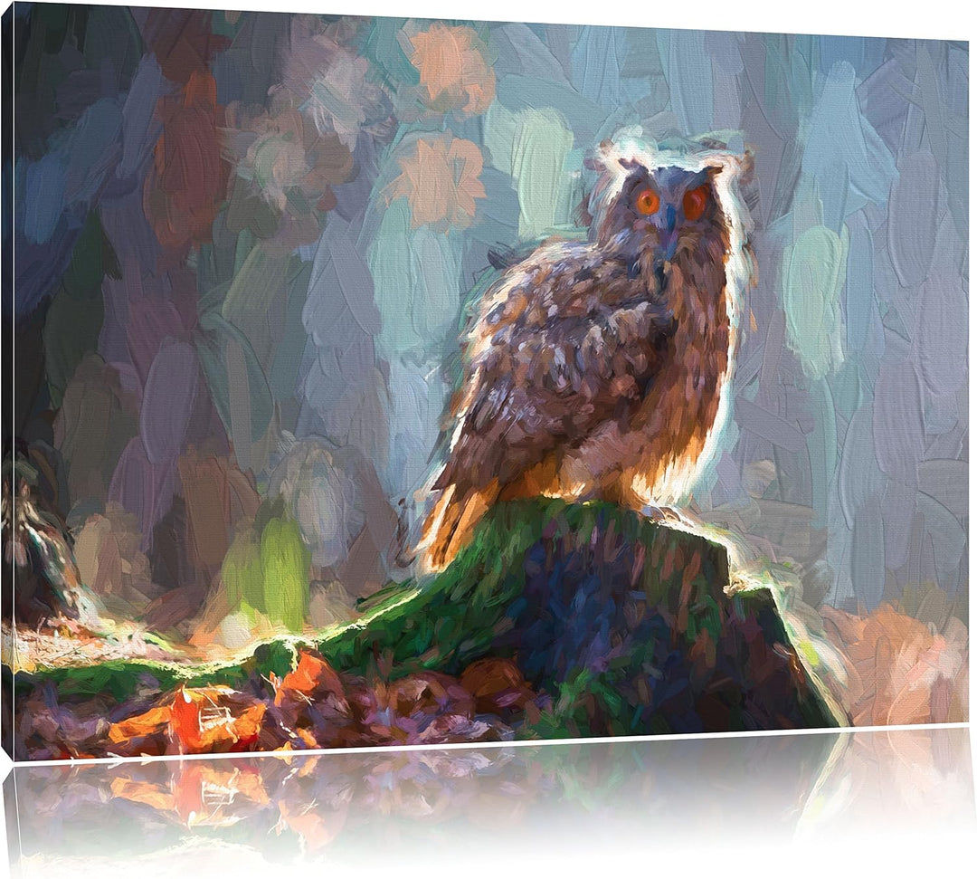 Pixxprint Eule auf dem Baumstamm als Leinwandbild/Grösse: 100x70 / Wandbild/Kunstdruck/fertig bespan