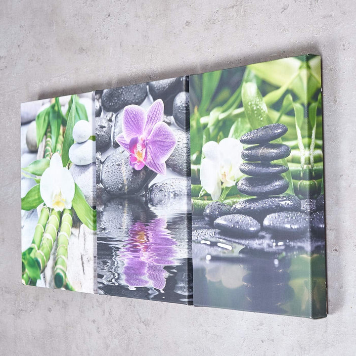 3er Set Wandbild je 30x20cm Leinwand Orchideen Bambus Wellness Deko Wanddeko Keilrahmen, Leinwand