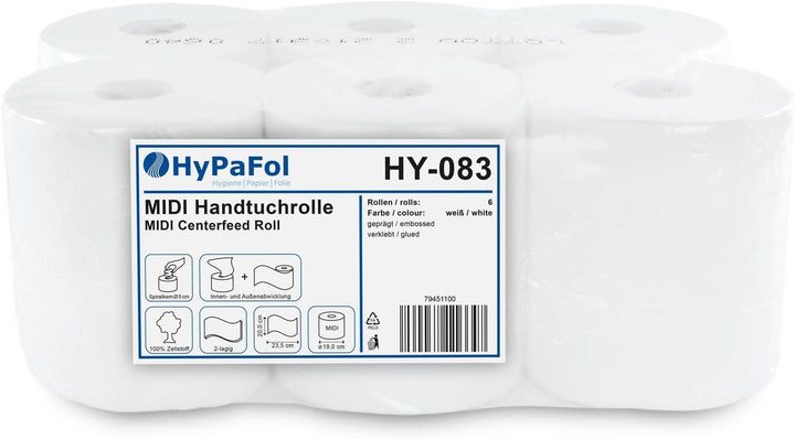 Hypafol Handtuchrolle aus Zellstoff | 2-lagig, 6 Rollen, hochweiss,20 x 23,5 cm, Ø19 cm |mit bequeme