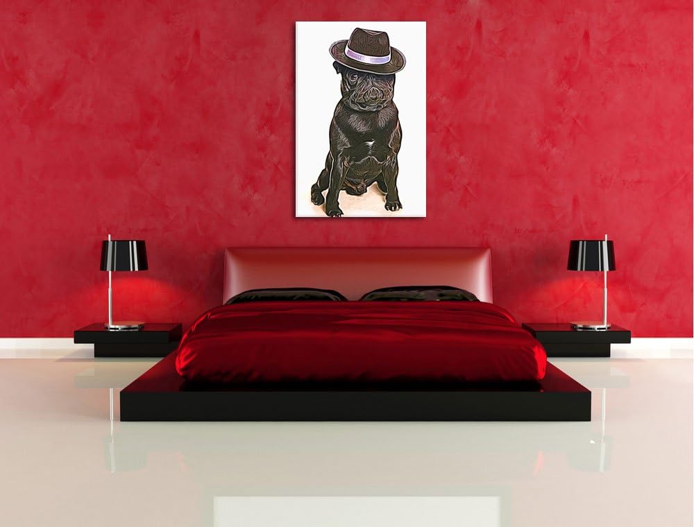 Mops mit Mafia Hut Deluxe Format: 100x70 cm auf Leinwand, XXL riesige Bilder fertig gerahmt mit Keil