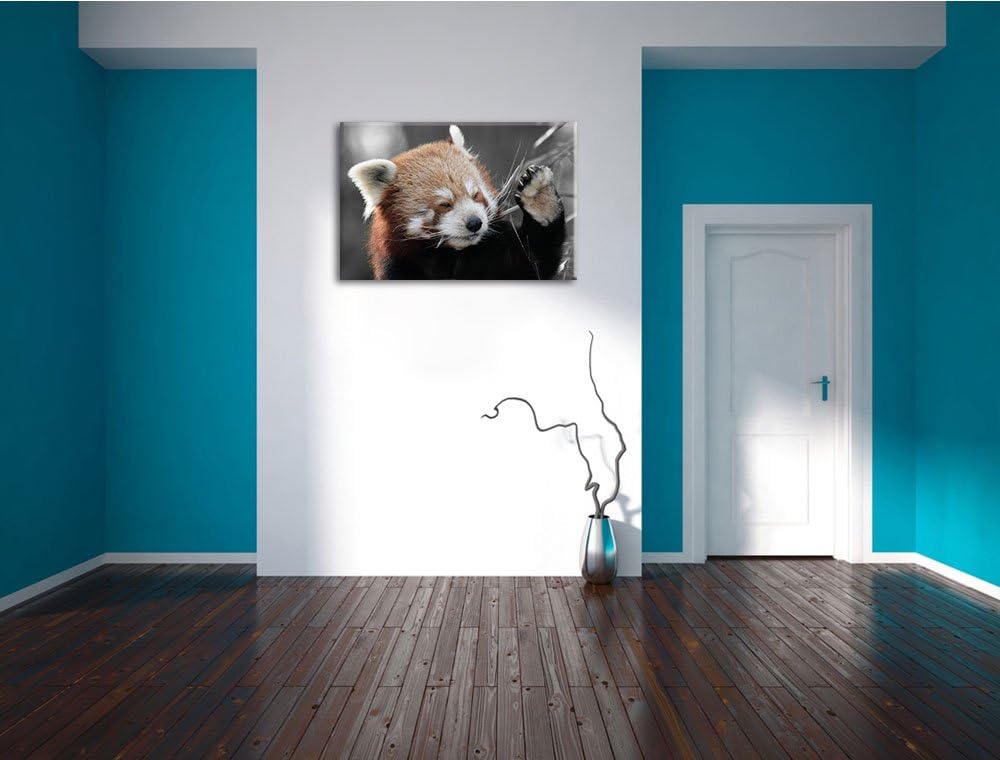 süsser Panda sagt Hallo schwarz/weiss Format: 100x70 auf Leinwand, XXL riesige Bilder fertig gerahmt