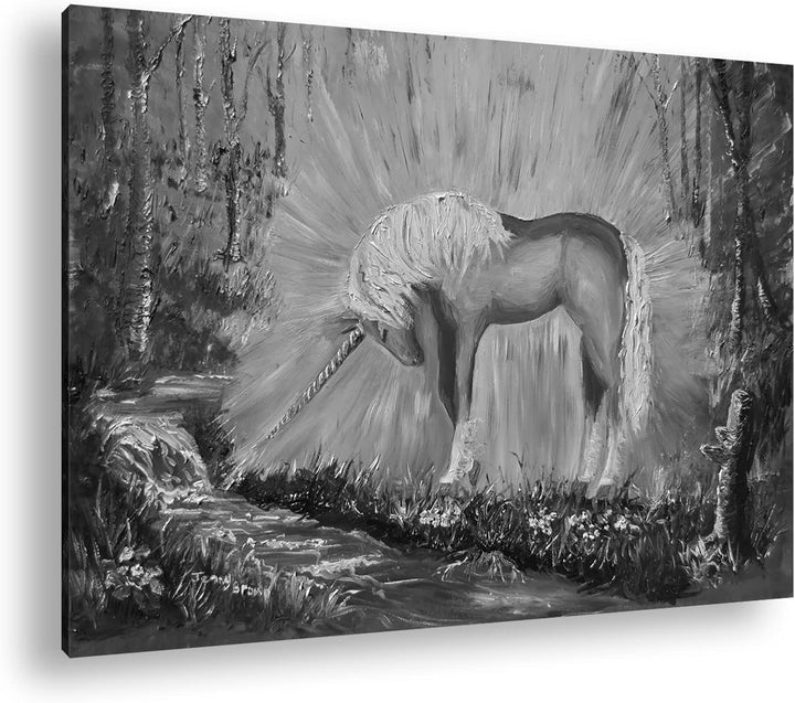 deyoli glänzendes Einhorn Format: 80x60 Effekt: Schwarz&Weiss als Leinwandbild, Motiv fertig gerahmt