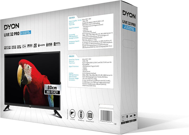 DYON Live 32 Pro 80 cm (32 Zoll) Fernseher (HD, Triple Tuner (DVB-C/-S2/-T2), Hotelmodus, USB-Media