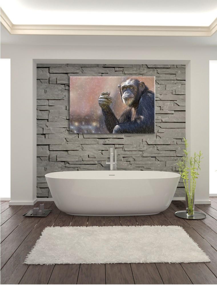 Pixxprint Aufmerksamer Schimpanse / 100x70cm Leinwandbild bespannt auf Holzrahmen/Wandbild Kunstdruc