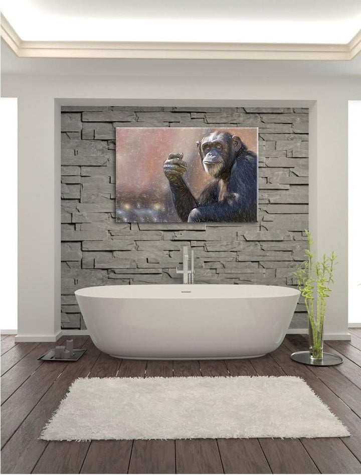 Pixxprint Aufmerksamer Schimpanse / 100x70cm Leinwandbild bespannt auf Holzrahmen/Wandbild Kunstdruc