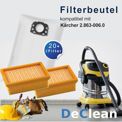 DeClean 20 Staubsaugerbeutel + 2 Filter kompatibel mit Kärcher Vliesfilterbeutel KFI 487, 2.863-006.